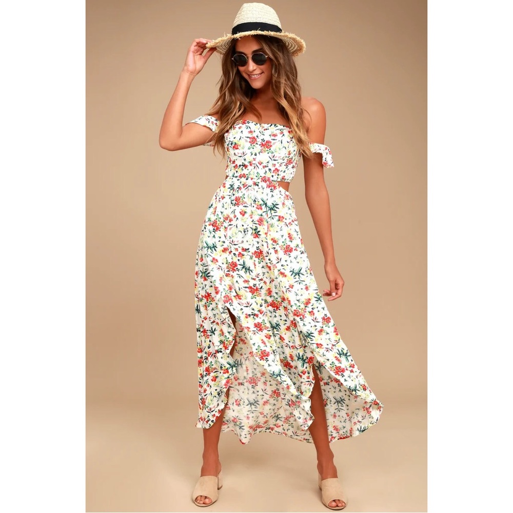 Easy on the Eyes Cream Floral Print Off-the-Shoulder Maxi Dress